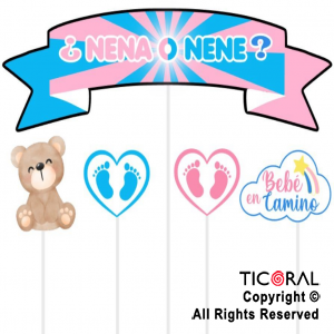 ADORNO PINCHE PARA TORTA FELIZ CUMPLE REVELACION NENA O NENE x 5 UNIDADES